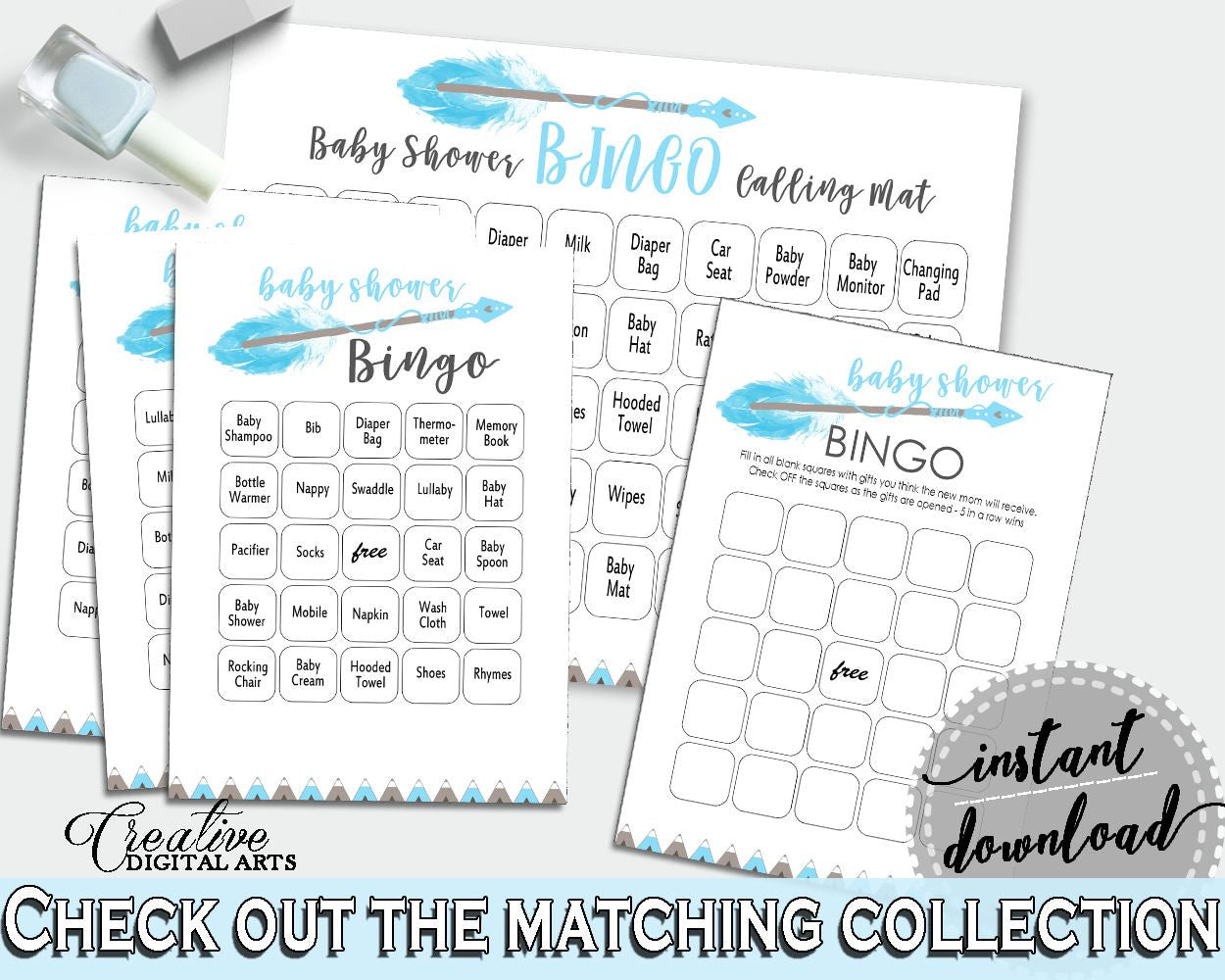 Bingo Baby Shower Bingo Aztec Baby Shower Bingo Blue White Baby Shower Aztec Bingo party décor, party ideas - QAQ18 - Digital Product