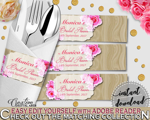 Roses On Wood Bridal Shower Napkin Ring Editable in Pink And Beige, napkin rings, shabby rose, digital print, party supplies, prints - B9MAI - Digital Product