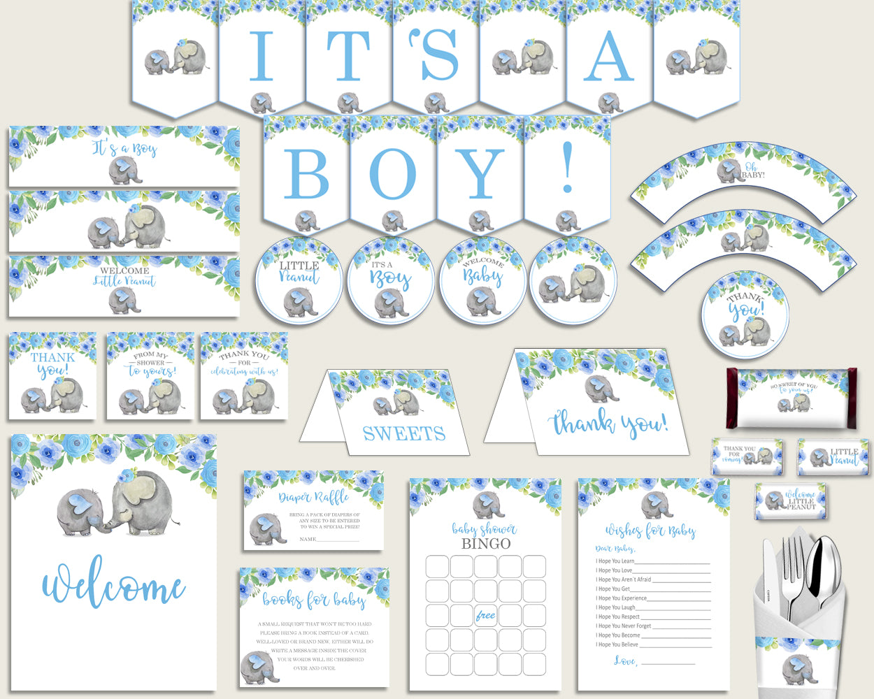 Blue Gray Baby Shower Decorations Boy Kit, Elephant Blue Baby Shower Party Package Printable, Instant Download, Africa or Jungle ebl01