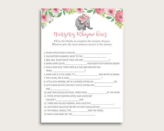 Pink Elephant Nursery Rhyme Quiz Printable, Pink Grey Nursery Rhyme Game, Pink Grey Baby Shower Girl Activities, Instant Download, ep001