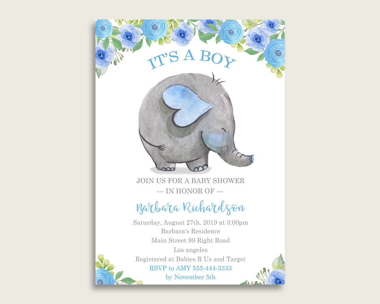 Elephant Blue Baby Shower Invitations Printable, Digital Or Printed Invitation Baby Shower Boy, Editable Invitation Blue Gray Mammoth ebl01