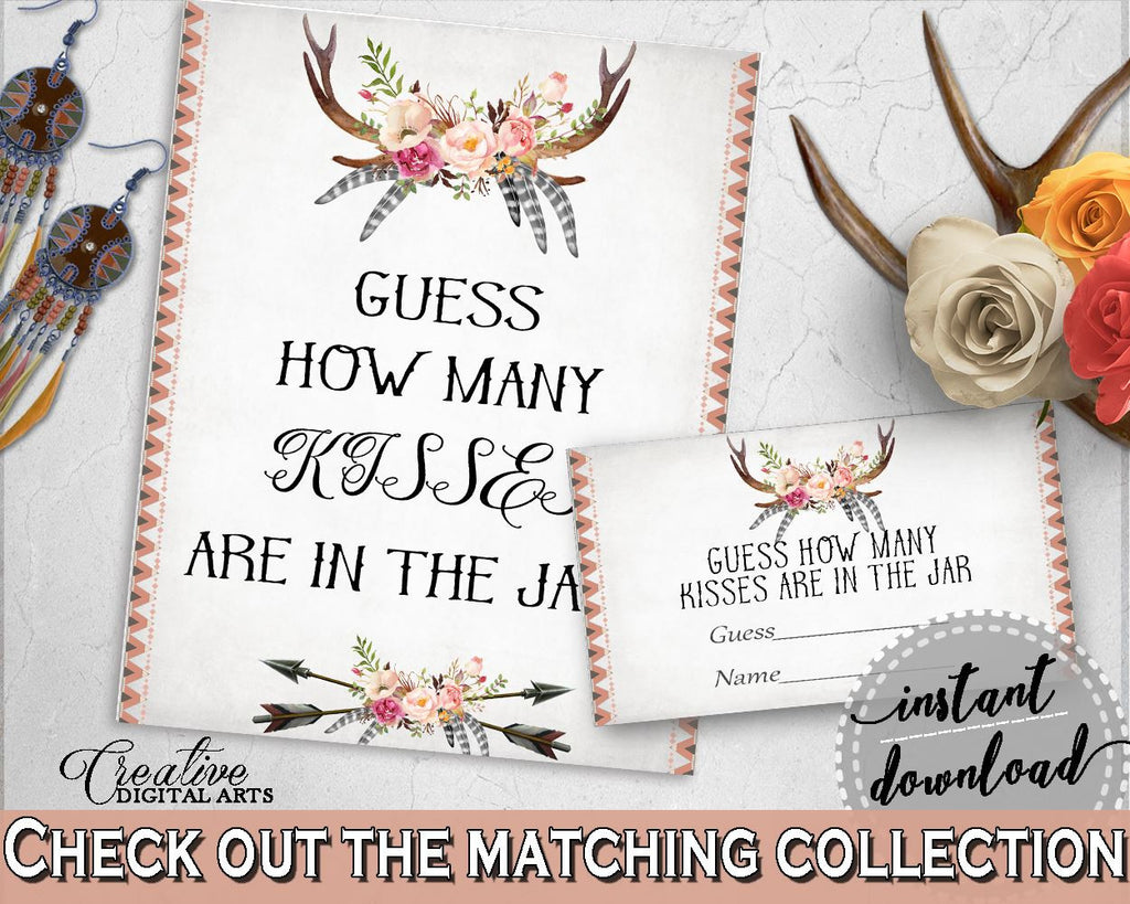 Guess How Many Kisses Game in Antlers Flowers Bohemian Bridal Shower Gray and Pink Theme, guess the kisses, grey pink, party stuff - MVR4R - Digital Product