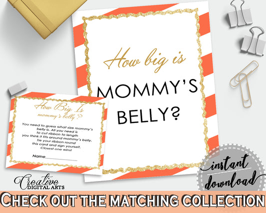 How Big Is MOMMY'S BELLY baby shower game with orange stripes theme printable, glitter gold, Jpg Pdf, instant download - bs003