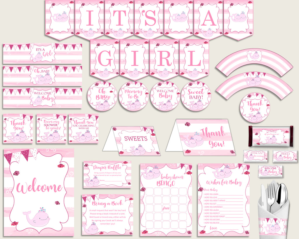 Pink White Baby Shower Decorations Girl Kit, Pink Whale Baby Shower Party Package Printable, Instant Download, Sea Animals Baby Whale wbl02