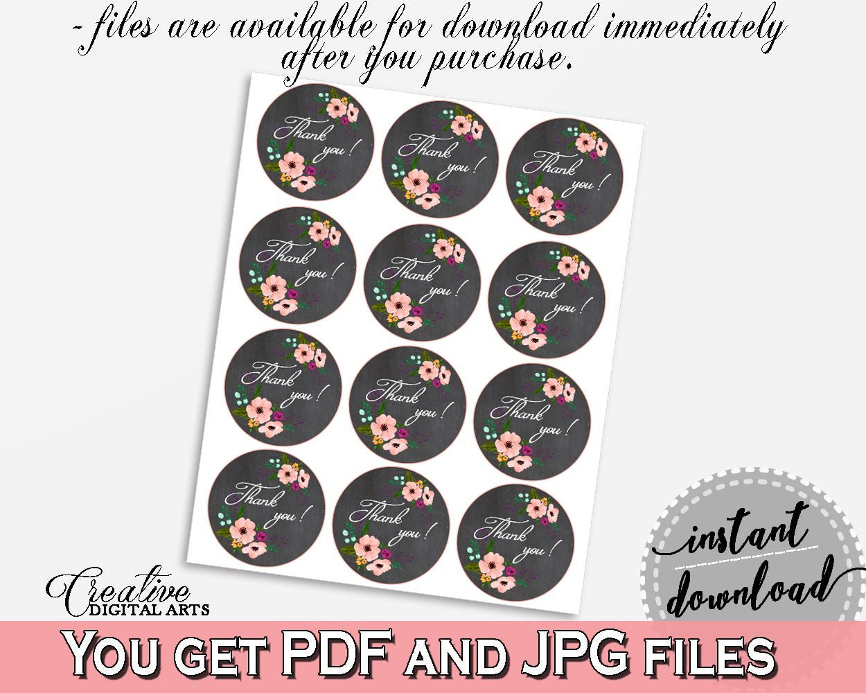 Chalkboard Flowers Bridal Shower Thank You Tag in Black And Pink, round favour labels, panel shower, customizable files, party theme - RBZRX - Digital Product