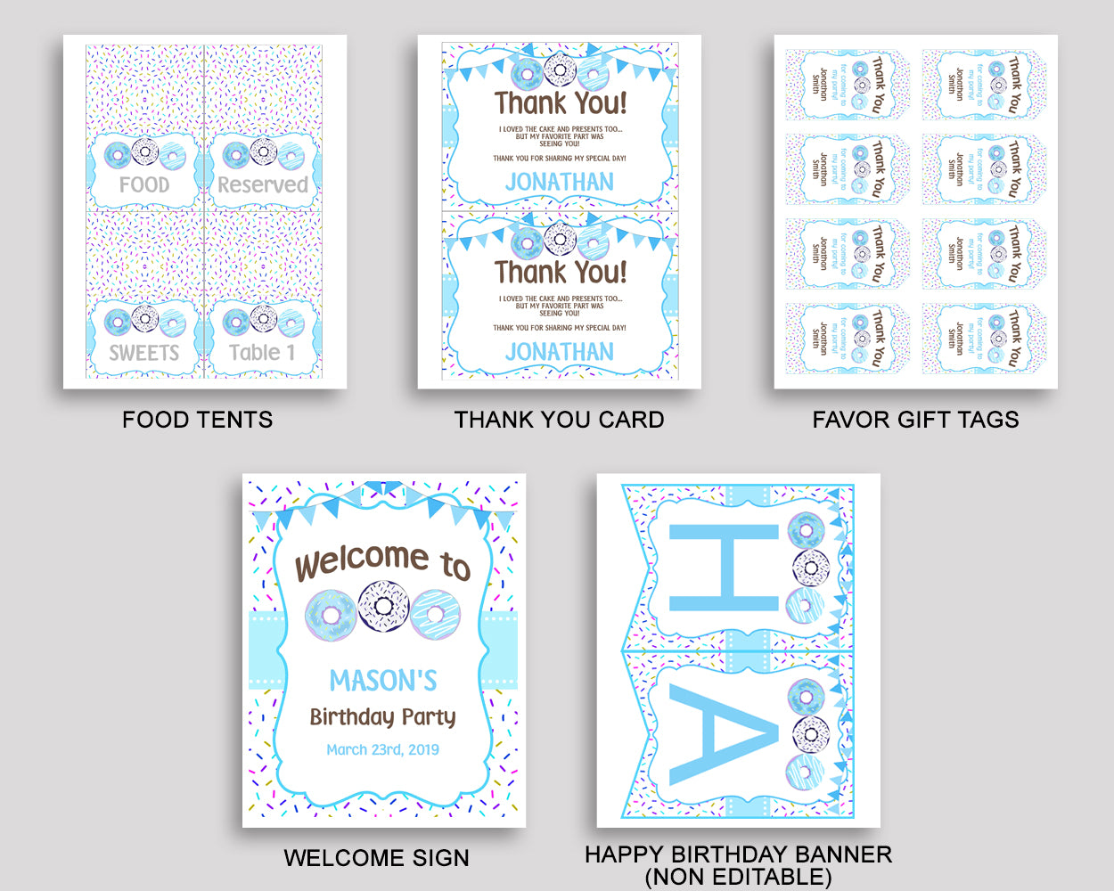 Donut Birthday Party Package, Donut Decorations Editable Set Blue White, Birthday Kit Printable for Boy 4X9CJ