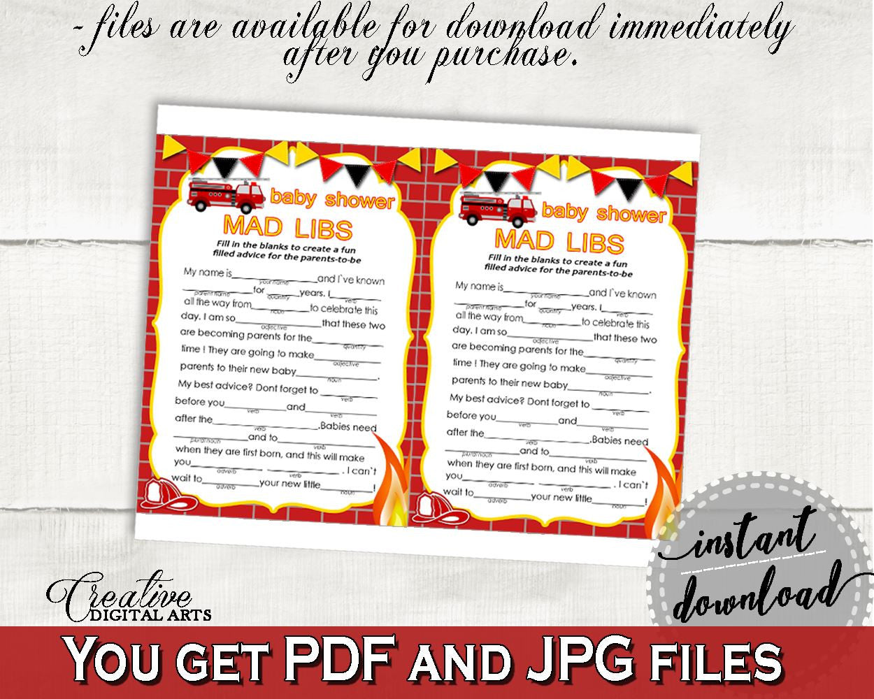 Mad Libs Baby Shower Mad Libs Fireman Baby Shower Mad Libs Red Yellow Baby Shower Fireman Mad Libs - LUWX6 - Digital Product