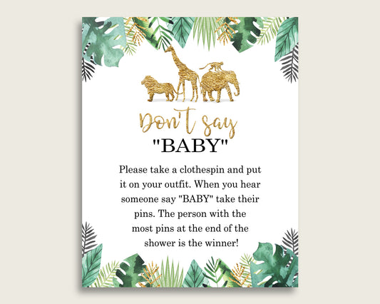 Gold Green Don't Say Baby Printable Game, Gender Neutral Baby Shower Jungle Game Sign, Instant Download, 8x10, Tropical Animals EJRED