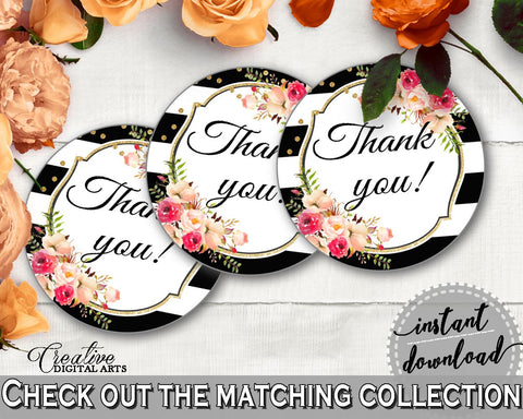 Flower Bouquet Black Stripes Bridal Shower Thank You Tag in Black And Gold, thankfulness, most popular bridal, party planning - QMK20 - Digital Product