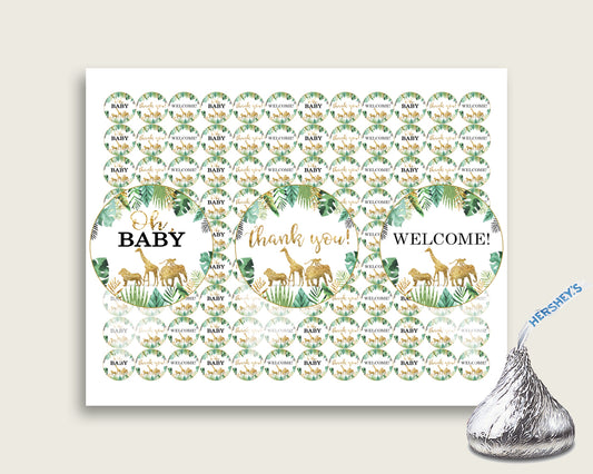 Jungle Hershey Kisses Circle Printable, Gold Green Hershey Kisses Labels Round Digital, Gender Neutral Baby Shower, Instant Download, EJRED