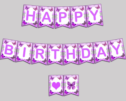 Happy Birthday Girl Banner Butterfly Happy Birthday Butterfly Banner Wall Decor Purple White OHI62