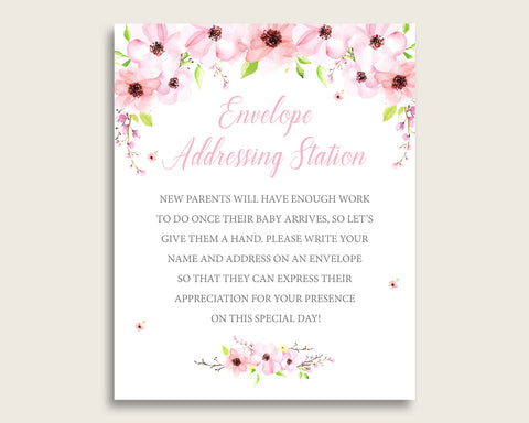 Pink Green Baby Shower Address Sign Printable, Flower Blush Envelope Station Sign, Envelope Addressing Baby Shower Girl, Watercolor VH1KL