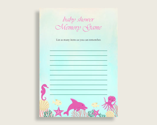 Under The Sea Baby Shower Memory Game, Pink Green Memory Guessing Game Printable, Baby Shower Girl, Instant Download, Sea Creatures uts01