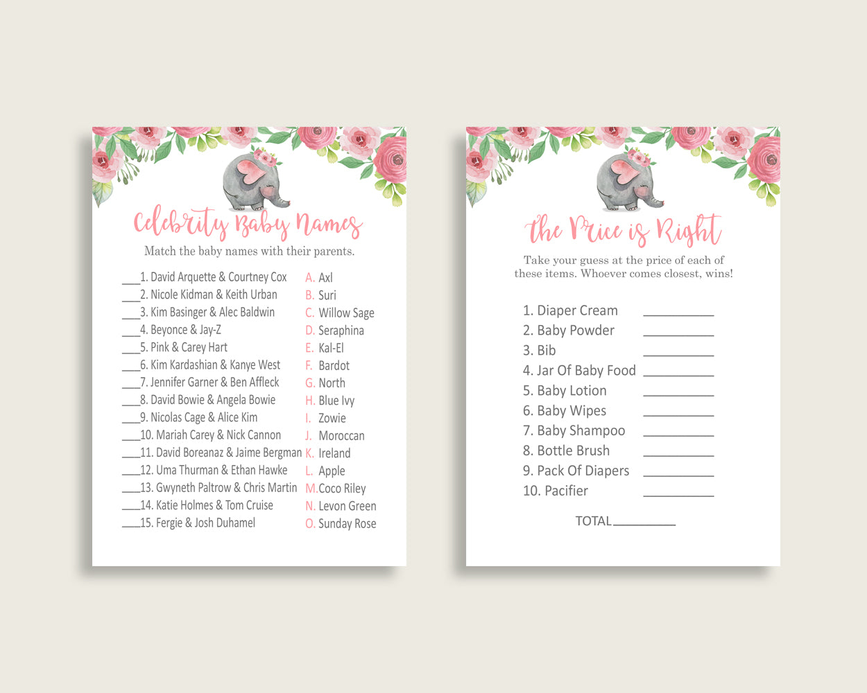 Pink Elephant Baby Shower Games Printable Pack, Pink Grey Baby Shower Games Package Girl, Pink Elephant Games Bundle Set, Instant ep001