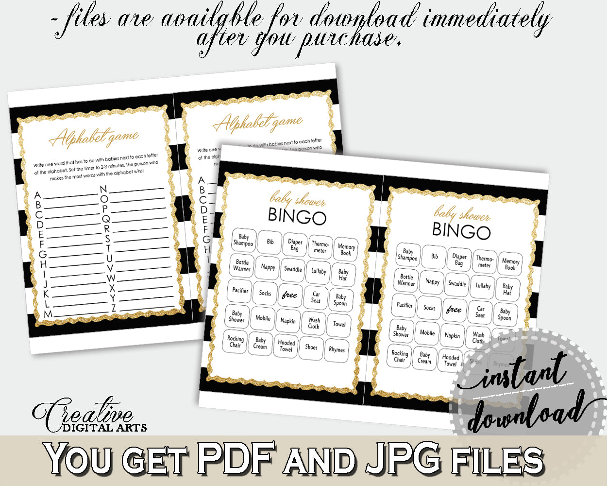 Baby Shower games package bundle printable glitter gold title with black white stripes, 8 games pack pdf jpg - Instant Download - bs001