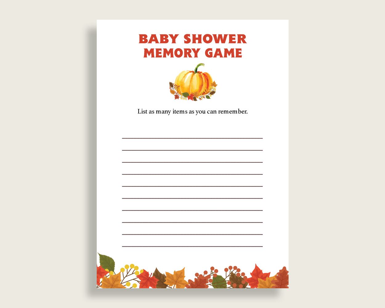 Memory Game Baby Shower Memory Game Fall Baby Shower Memory Game Baby Shower Pumpkin Memory Game Orange Brown party planning prints BPK3D - Digital Product