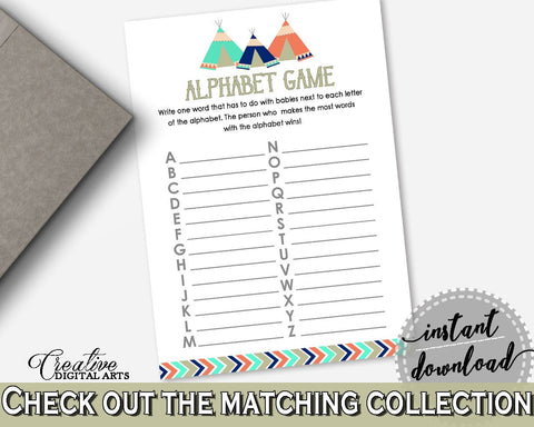 Alphabet Game Baby Shower Alphabet Game Tribal Teepee Baby Shower Alphabet Game Baby Shower Tribal Teepee Alphabet Game Green Navy - KS6AW - Digital Product