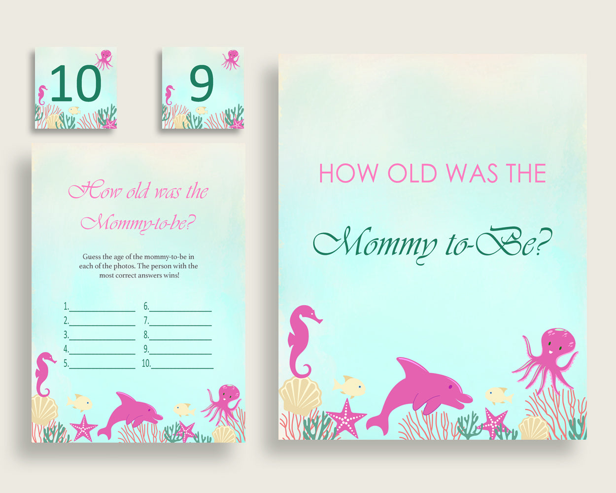 Pink Green How Old Was The Mommy To Be, Girl Baby Shower Game Printable, Under The Sea Guess Mommy's Age Game, Instant Download, uts01