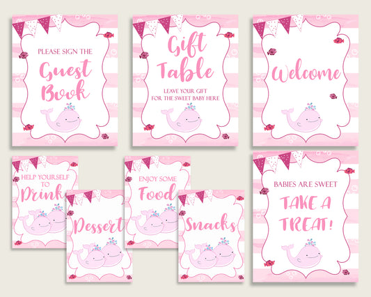 Pink Whale Baby Shower Girl Table Signs Printable, Pink White Party Table Decor, Favors, Food, Drink, Treat, Guest Book, Instant wbl02