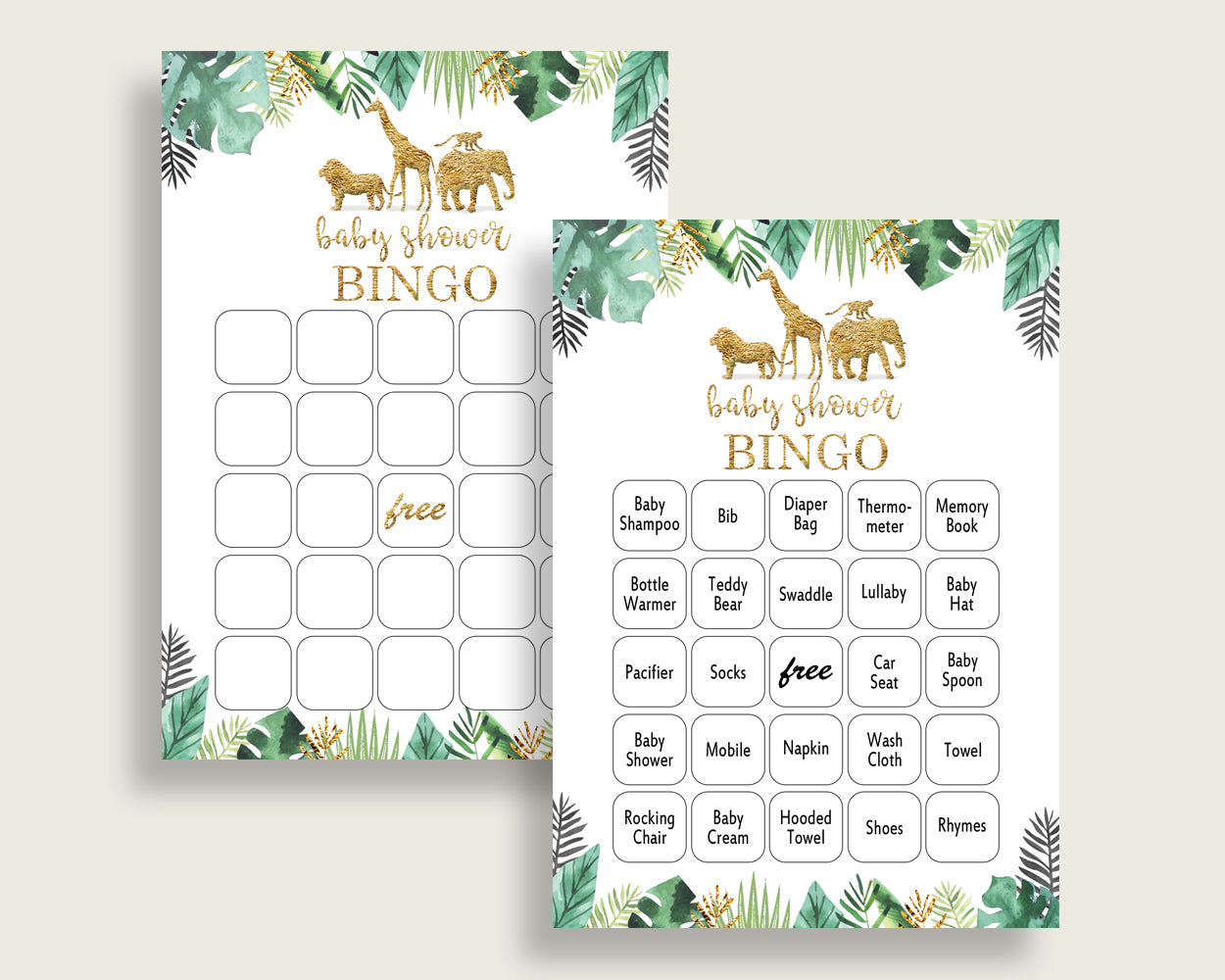 Jungle Baby Shower Bingo Cards Printable, Gold Green Baby Shower Gender Neutral, 60 Prefilled Bingo Game Cards, Tropical Animals EJRED