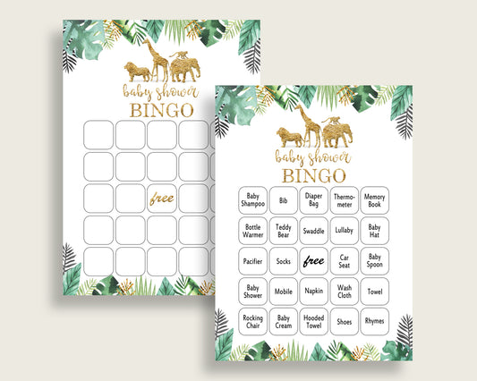 Jungle Baby Shower Bingo Cards Printable, Gold Green Baby Shower Gender Neutral, 60 Prefilled Bingo Game Cards, Tropical Animals EJRED