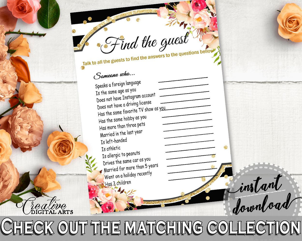 Black And Gold Flower Bouquet Black Stripes Bridal Shower Theme: Find The Guest Game - shower icebreaker, party organizing, prints - QMK20 - Digital Product