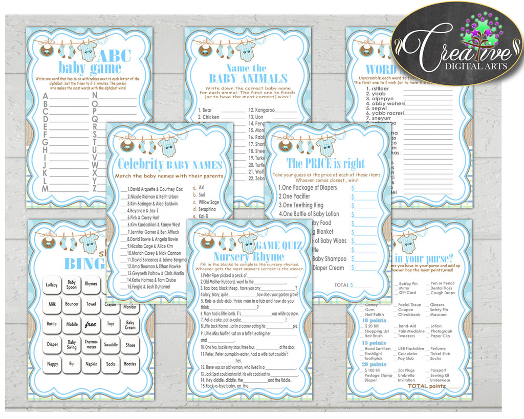 Blue Baby Shower games package bundle printable with boy clotheline, 8 games pack - Instant Download - bc001
