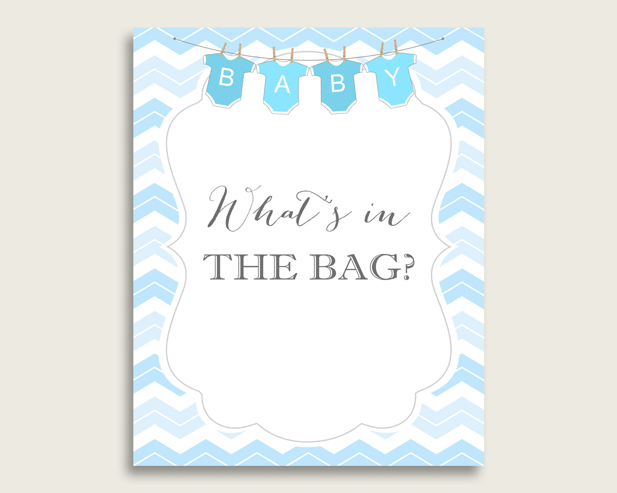 Chevron Baby Shower What's In The Bag Game, Blue White Boy Bag Game Printable, Instant Download, Stripy Lines Popular Zig Zag Theme cbl01