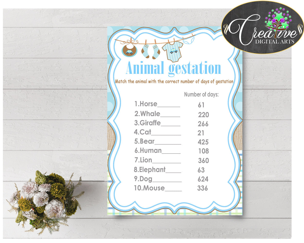 Baby Shower ANIMAL GESTATION game with boy clothesline and blue color theme printable, digital files, Jpg and Pdf, instant download - bc001