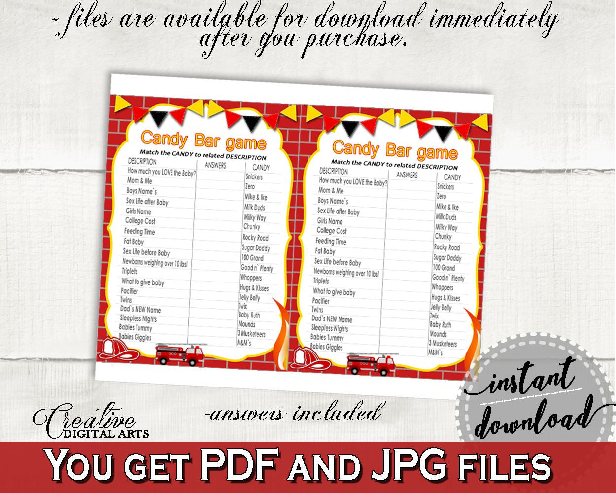 Candy Bar Game Baby Shower Candy Bar Game Fireman Baby Shower Candy Bar Game Red Yellow Baby Shower Fireman Candy Bar Game - LUWX6 - Digital Product