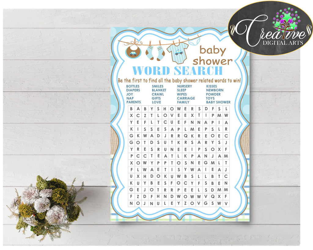Baby Shower WORD SEARCH game with boy clothesline and blue color theme printable, digital files, instant download - bc001