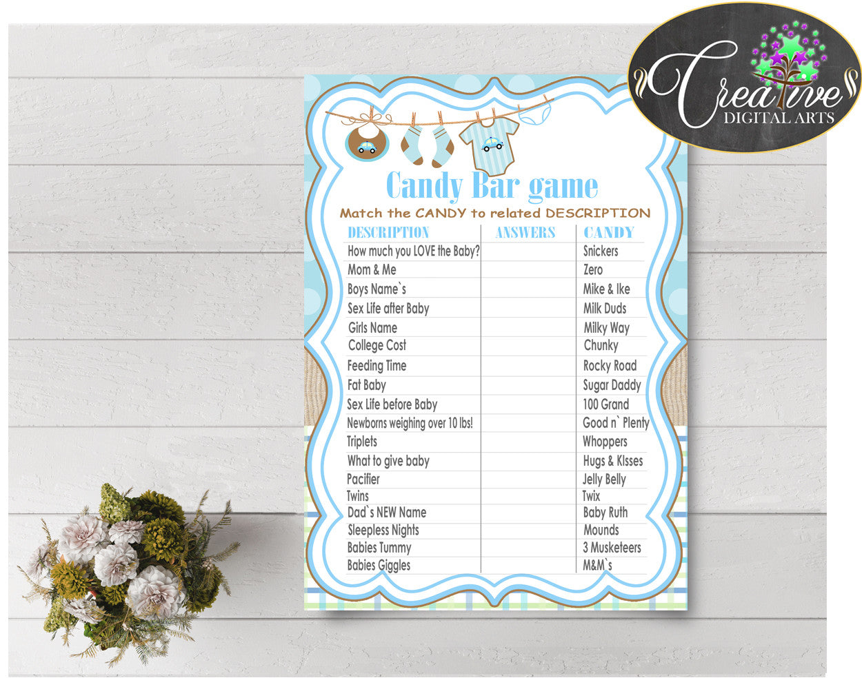 CANDY BAR baby shower game with blue boy clothes and blue color theme printable, digital files, instant download - bc001