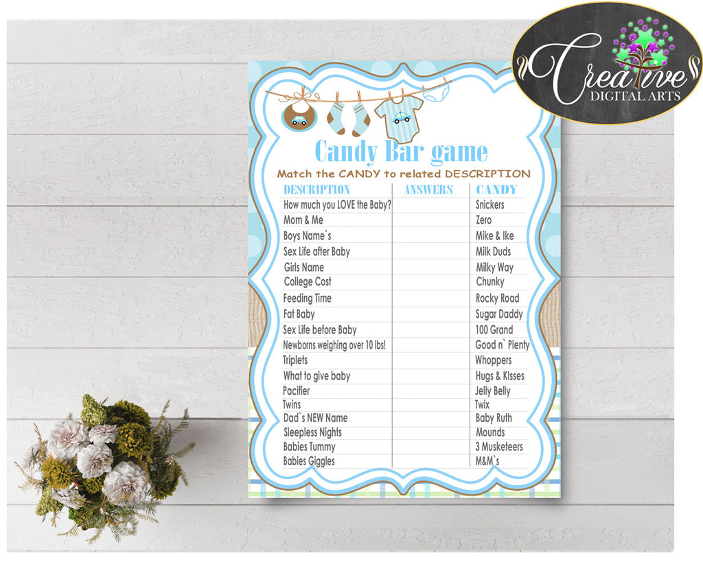 CANDY BAR baby shower game with blue boy clothes and blue color theme printable, digital files, instant download - bc001