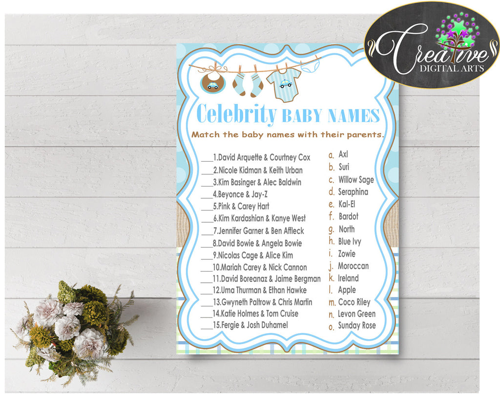 CELEBRITY BABY NAMES baby shower game with boy cloth and blue color theme, digital files, Jpg Pdf, instant download - bc001