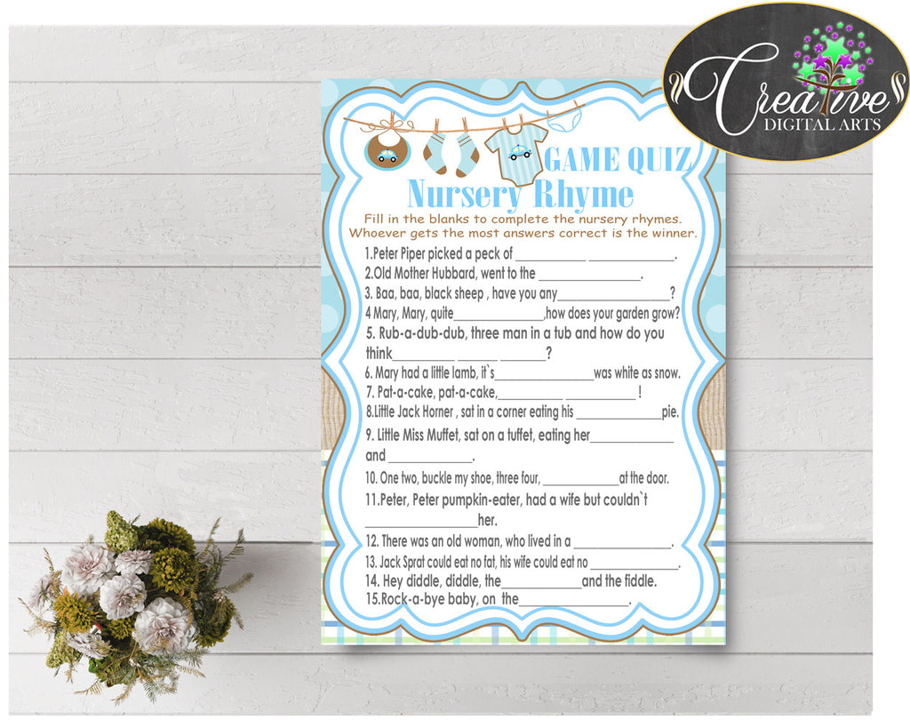 Baby Shower NURSERY RHYME QUIZ game with boy clothes and blue color theme printable, digital files, instant download - bc001