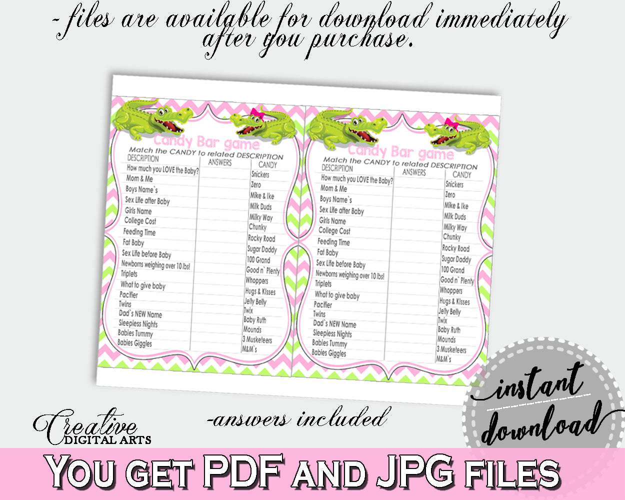 CANDY BAR baby shower game with green alligator and pink color theme, instant download - ap001