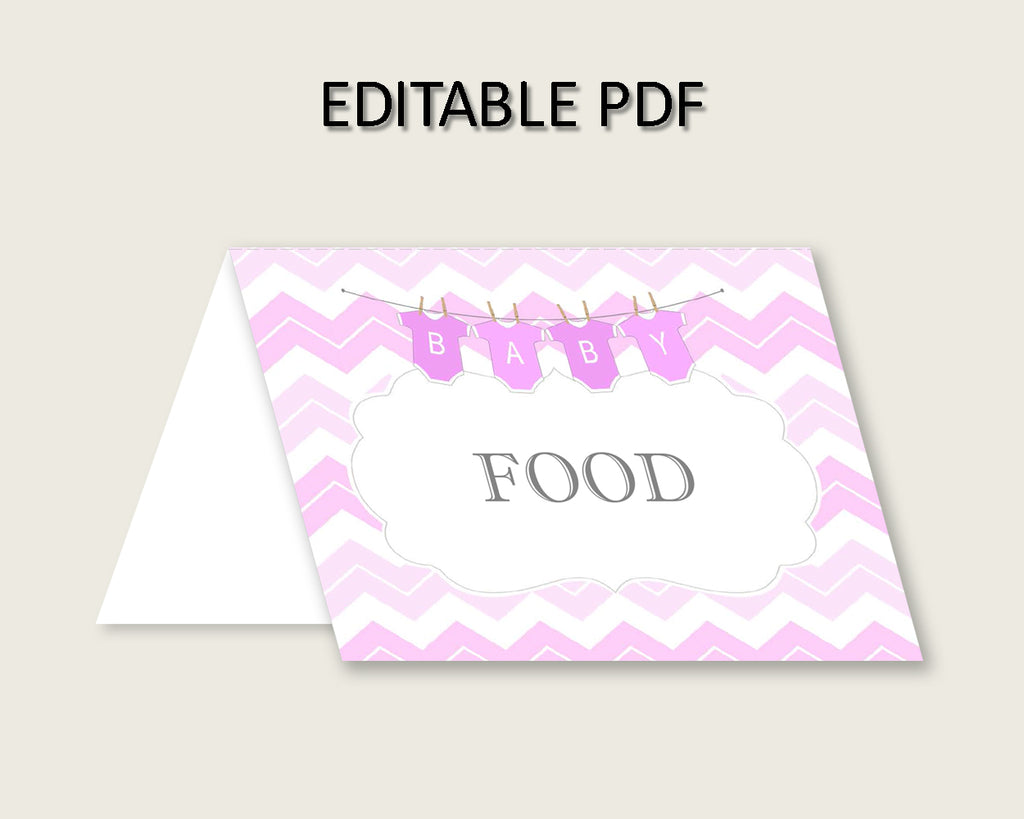 Chevron Folded Food Tent Cards Printable, Pink White Editable Pdf Buffet Labels, Girl Baby Shower Food Place Cards, Instant Download, cp001