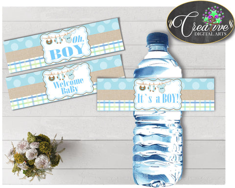 Baby shower WATER BOTTLE LABELS printable with boy clothesline and blue color theme, digital files Pdf Jpg, instant download - bc001