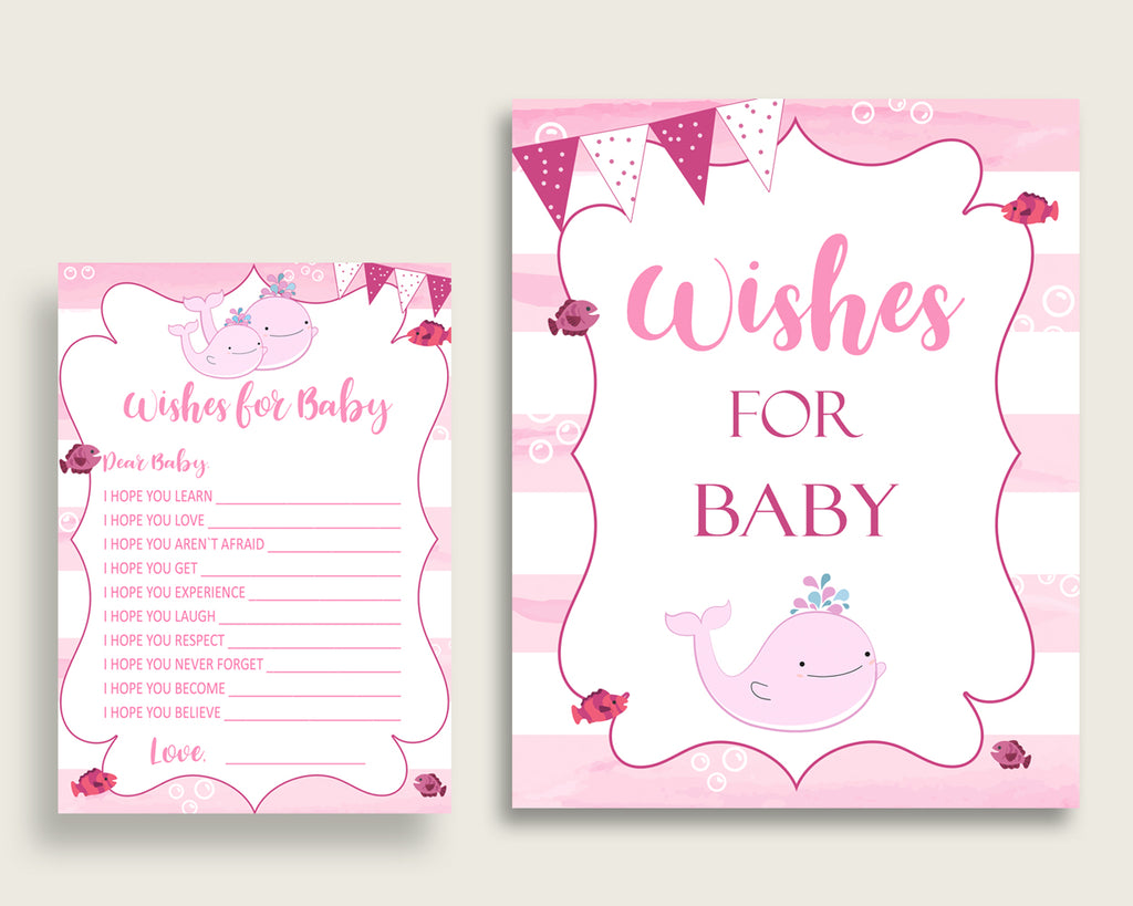 Pink White Wishes For Baby Cards & Sign, Pink Whale Baby Shower Girl Well Wishes Game Printable, Instant Download, Sea Animals wbl02