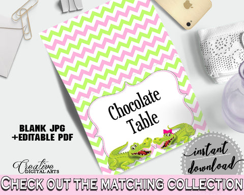 Baby shower PLACE CARDS or FOOD TENTS editable printable with green alligator and pink color theme for girl, instant download - ap001