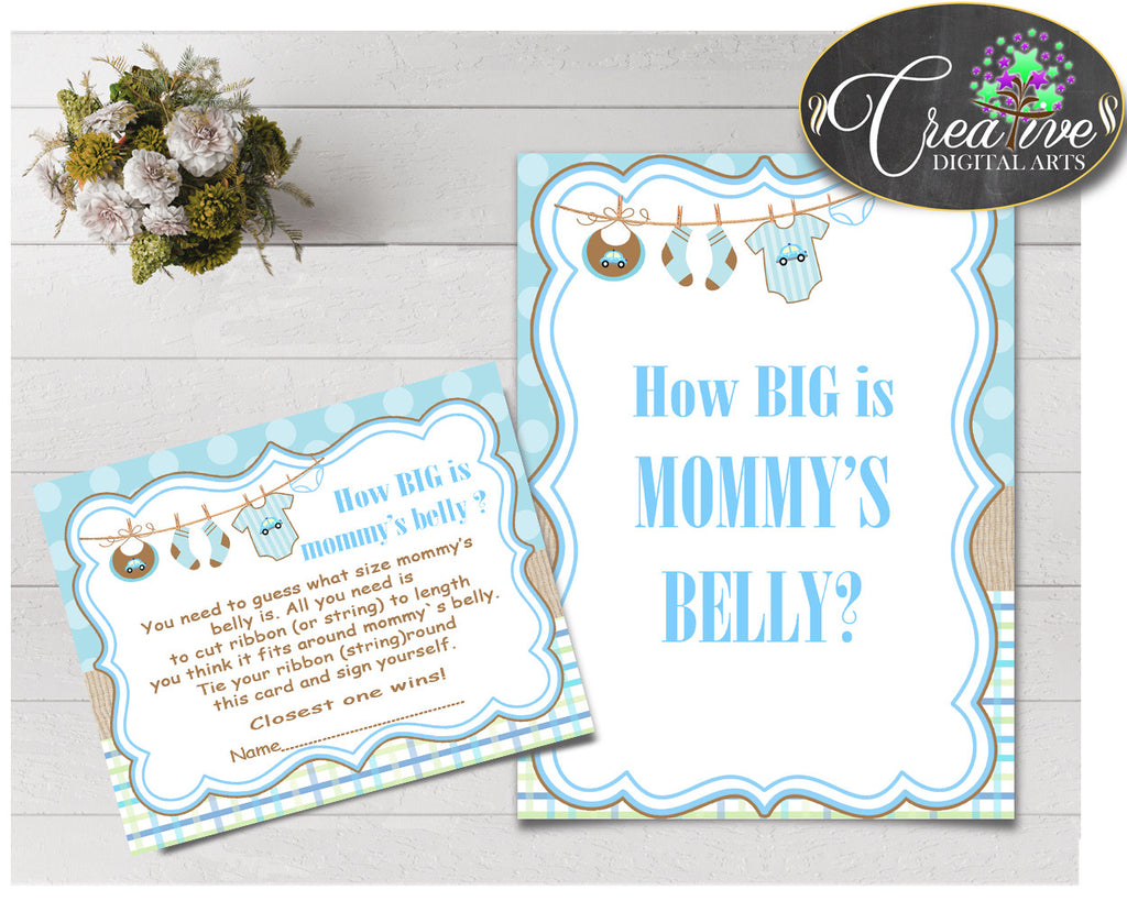 How Big Is MOMMY'S BELLY baby shower game with boy clothes and blue color theme printable, Jpg Pdf, instant download - bc001