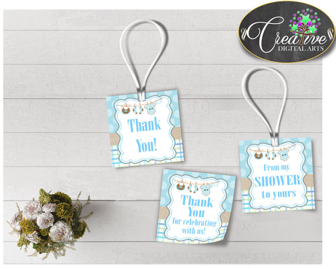 Baby shower THANK YOU favor tags square printable with blue clothes and blue color theme for boys, digital files, instant download - bc001