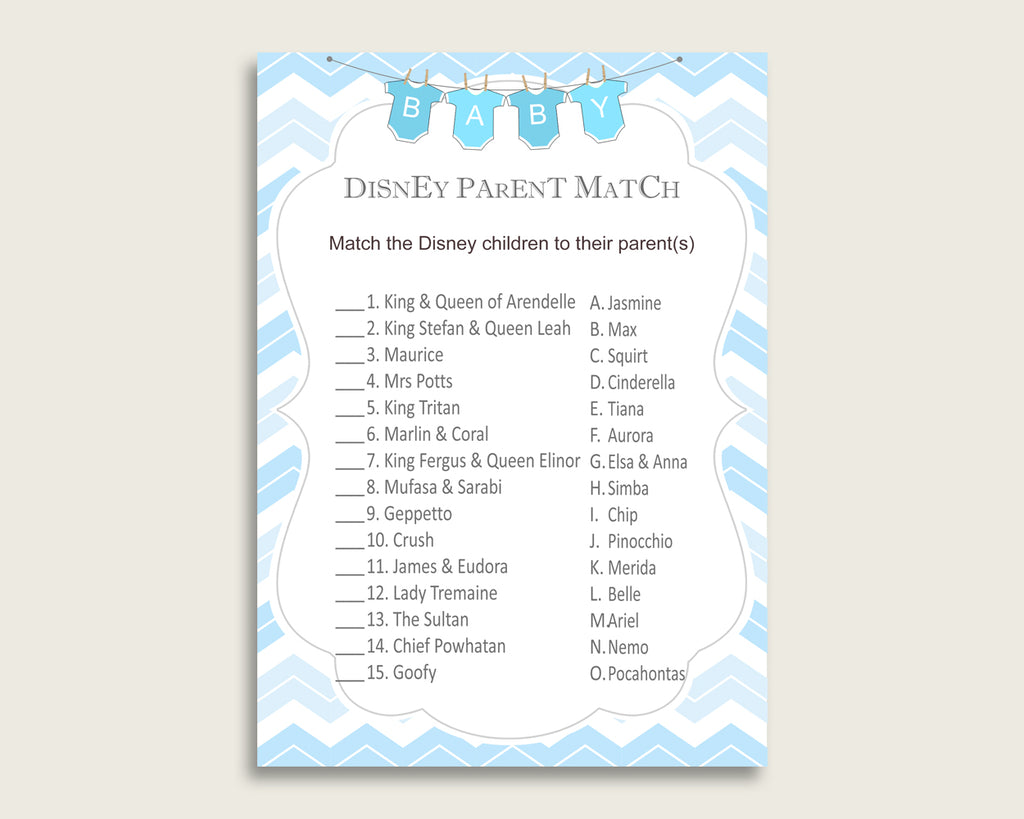 Chevron Disney Parent Match Game, Boy Baby Shower Game, Blue White Match The Disney Parents Printable, Instant Download, Popular, cbl01