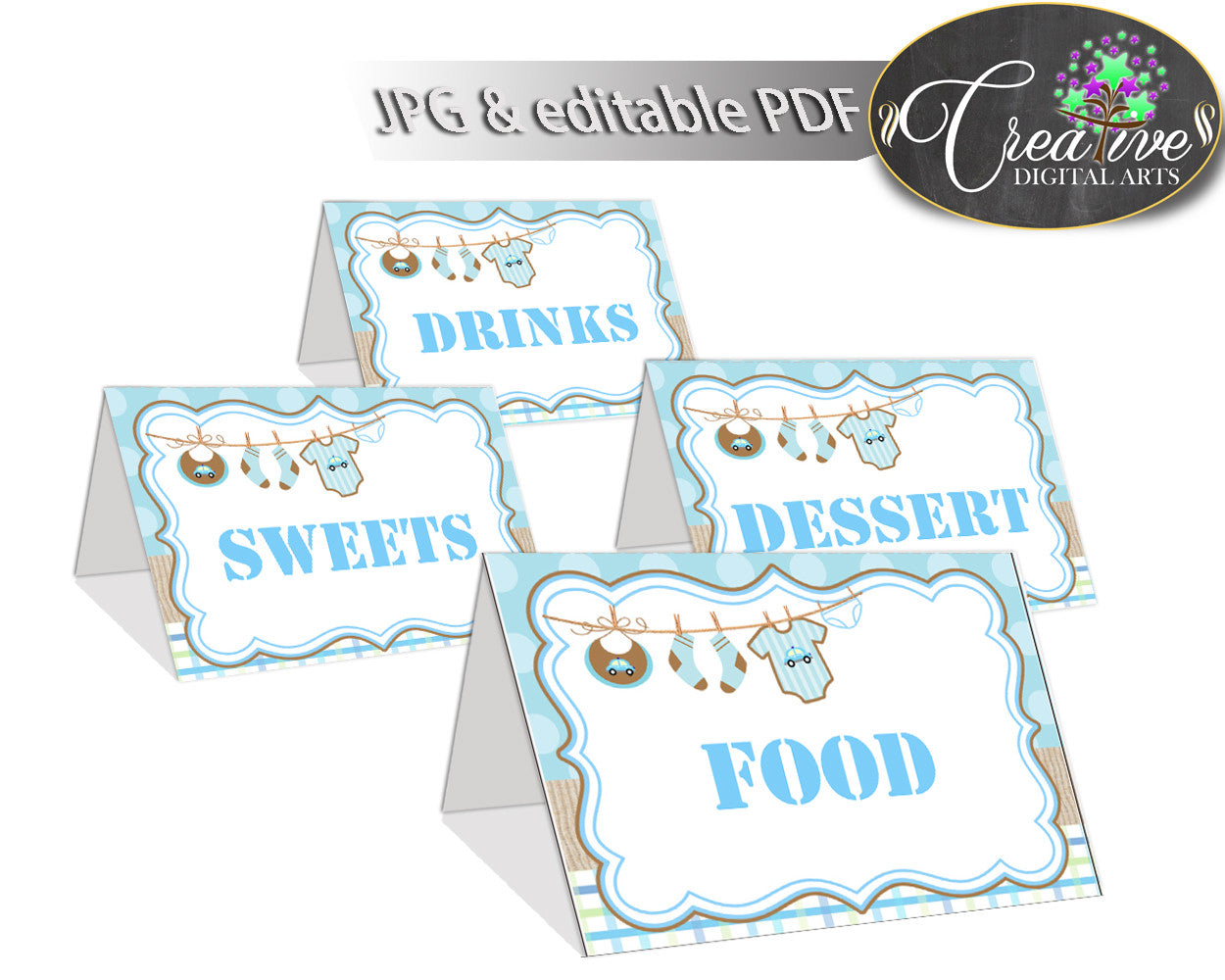 Baby shower Place CARDS or FOOD TENTS editable printable with boy clothes and blue color theme for boys, instant download - bc001