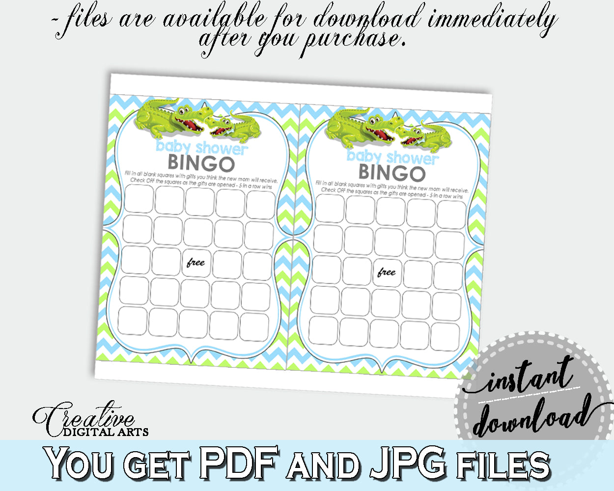 Baby Shower printable BINGO GIFT cards game with green alligator and blue color theme, Jpg Pdf, instant download - ap002