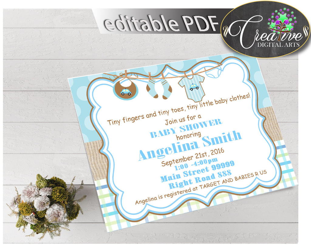 Baby Shower INVITATION editable Pdf with blue boy clothesline and blue color theme, digital Jpg included, instant download - bc001