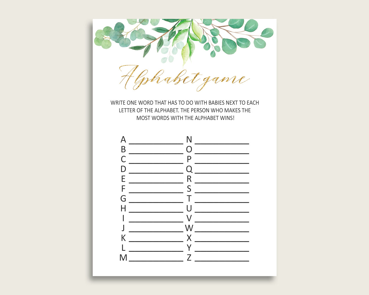 Green Gold Alphabet Baby Shower Gender Neutral Game, Greenery A-Z Guessing Baby Game Printable, ABC's Baby Item Name Game, Instant Y8X33