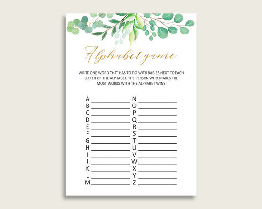 Green Gold Alphabet Baby Shower Gender Neutral Game, Greenery A-Z Guessing Baby Game Printable, ABC's Baby Item Name Game, Instant Y8X33