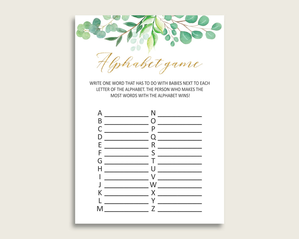 Green Gold Alphabet Baby Shower Gender Neutral Game, Greenery A-Z Guessing Baby Game Printable, ABC's Baby Item Name Game, Instant Y8X33