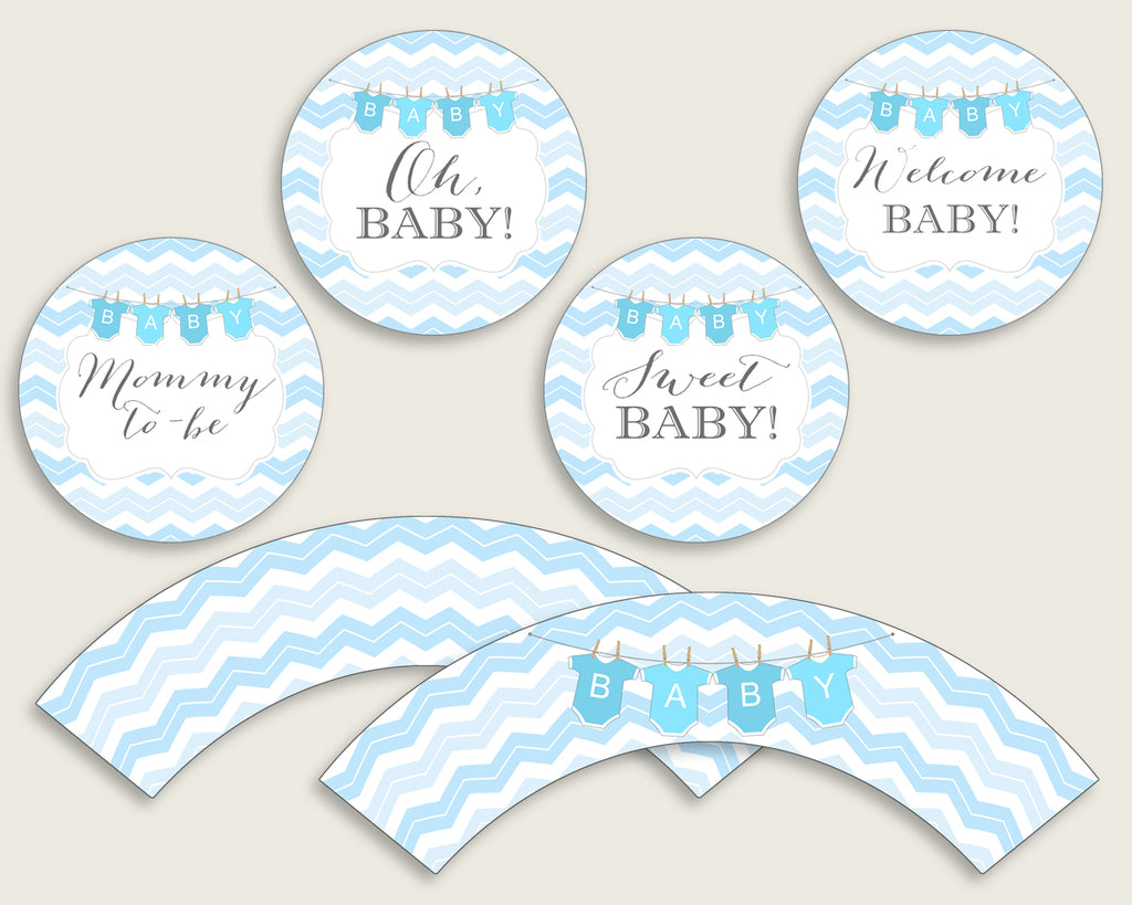 Chevron Cupcake Toppers, Blue White Cupcake Wrappers, Toppers Wrappers Baby Shower Boy, Instant Download, Stripy Lines Zig Zag Theme cbl01